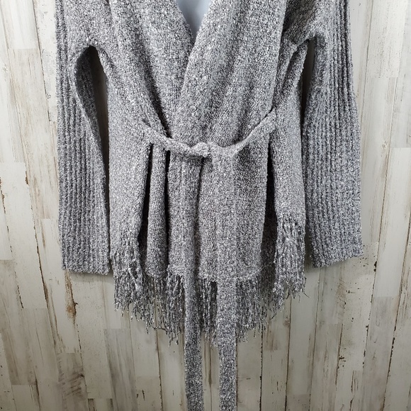 A'reve Womens Cardigan Sweater S M Gray Fringe Ribbed Arms Belted T2 - Picture 3 of 5